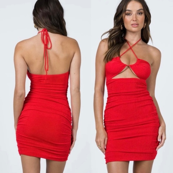 Princess Polly Chantel Red Halter Strappy Cutout Ruched Mini Dress - Picture 1 of 4